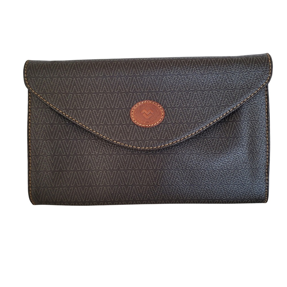 Mario Valentino Vintage Monogram Clutch Bag Brown Envelope Wristlet Italy